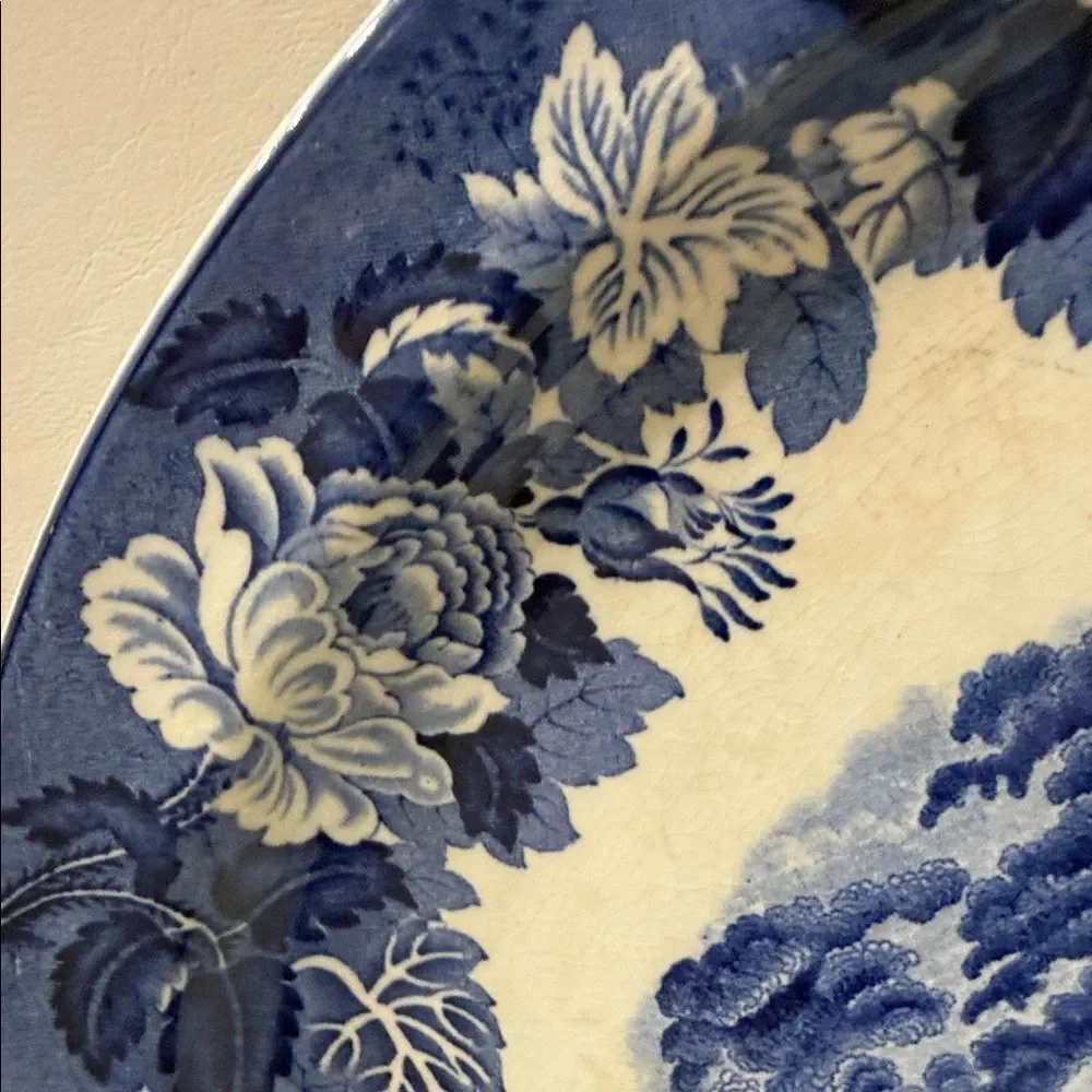 Woods Ware England Blue Scenic Transferware Vintage Floral Oval Serving Platter